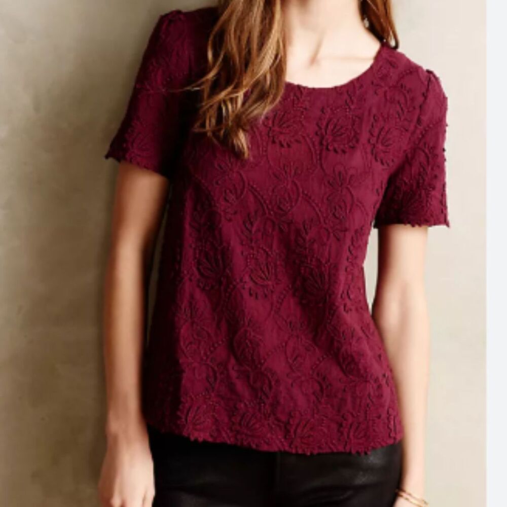 Anthropologie Vanessa Virginia Maroon Embroidered T-Shirt - Size Medium